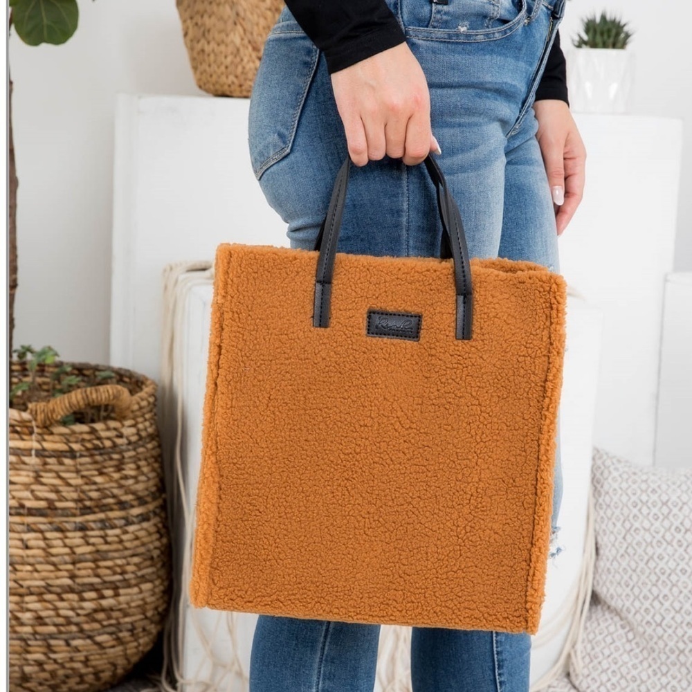 Riah Fashion Fleece Fur Tote Bag with Removable Strap Caramel - Picture 3 of 14